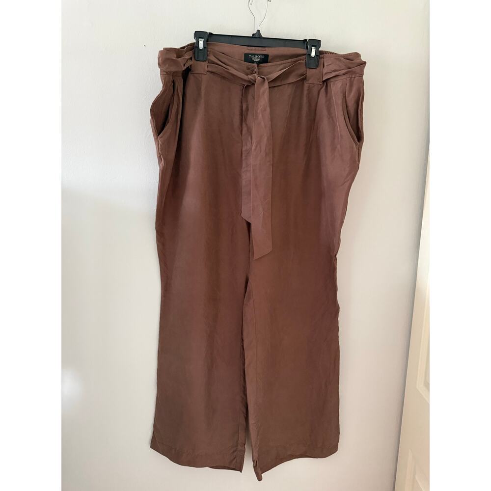 Talbots Woman Brown Silk Belted Flat Front High Rise Straight Leg Trouser 20W